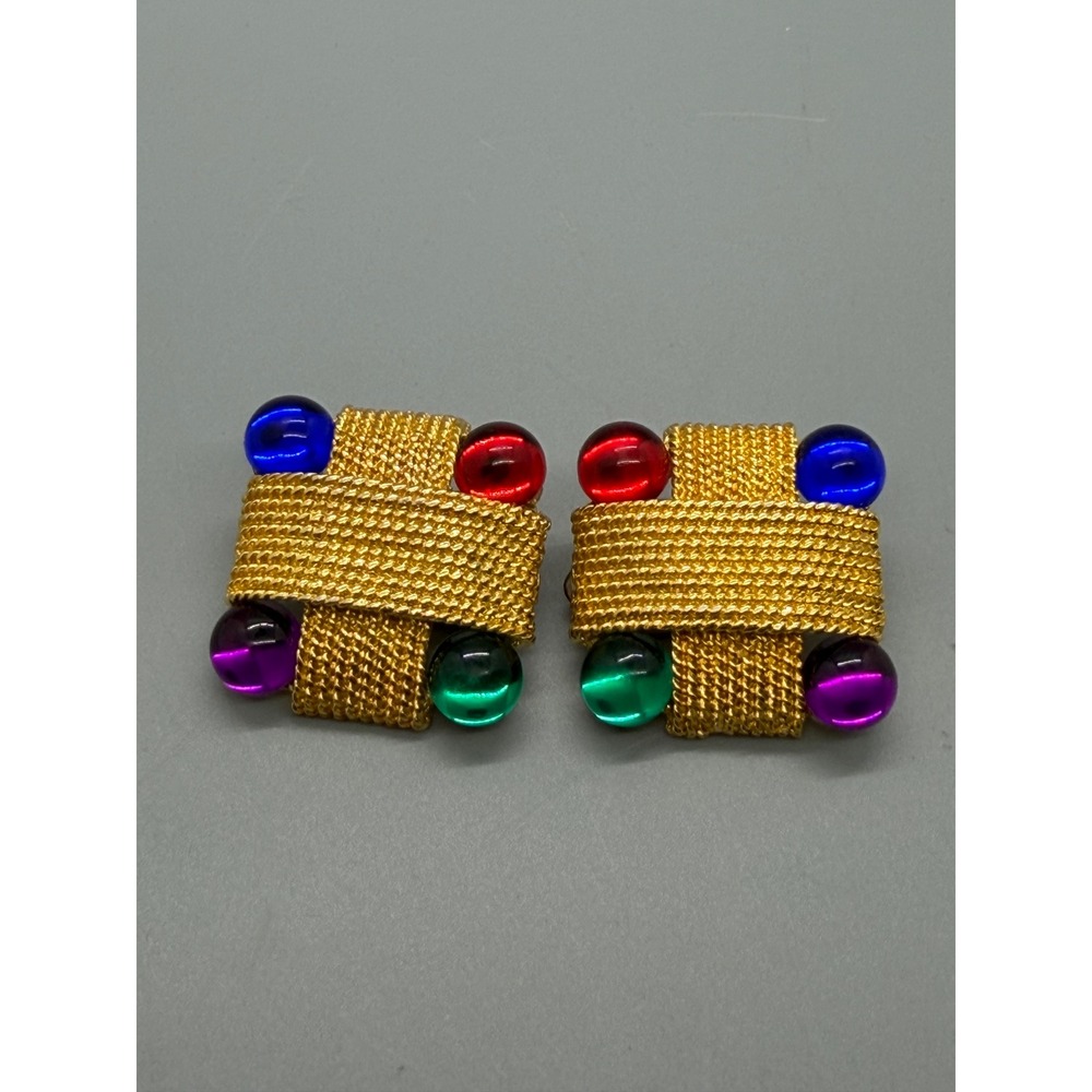 Vintage Gold Tone Chunky Basket Weave Clip On Earrings 80s Colorful Cabochons